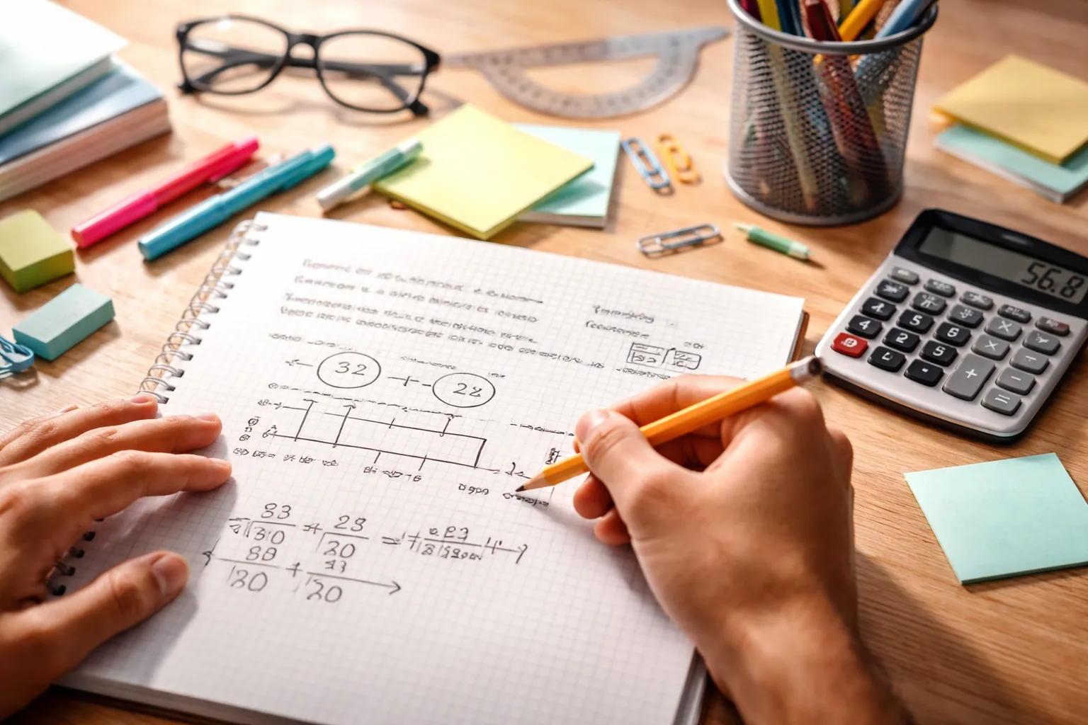 Estudiante aplicando pasos claros sobre cómo resolver problemas matemáticos en un examen con cuaderno y calculadora