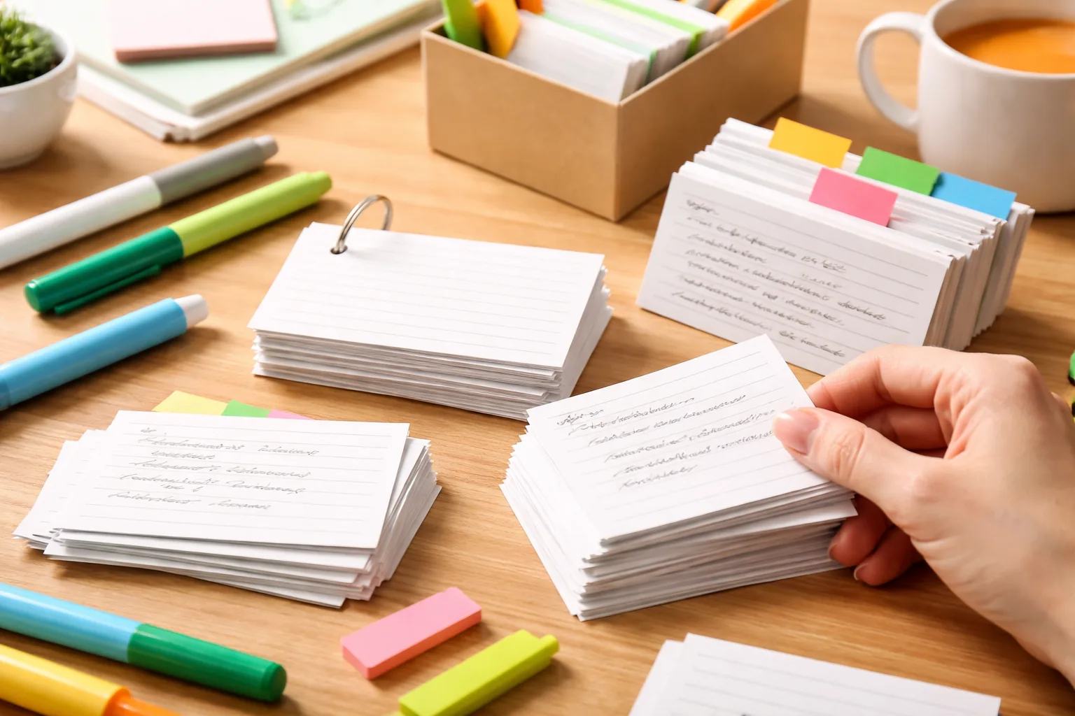 tarjetas de memoria para estudiar sobre escritorio ordenado con fichas de repaso y material escolar