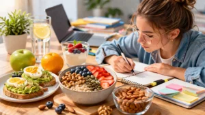 alimentos para concentración saludables junto a cuaderno y material de estudio