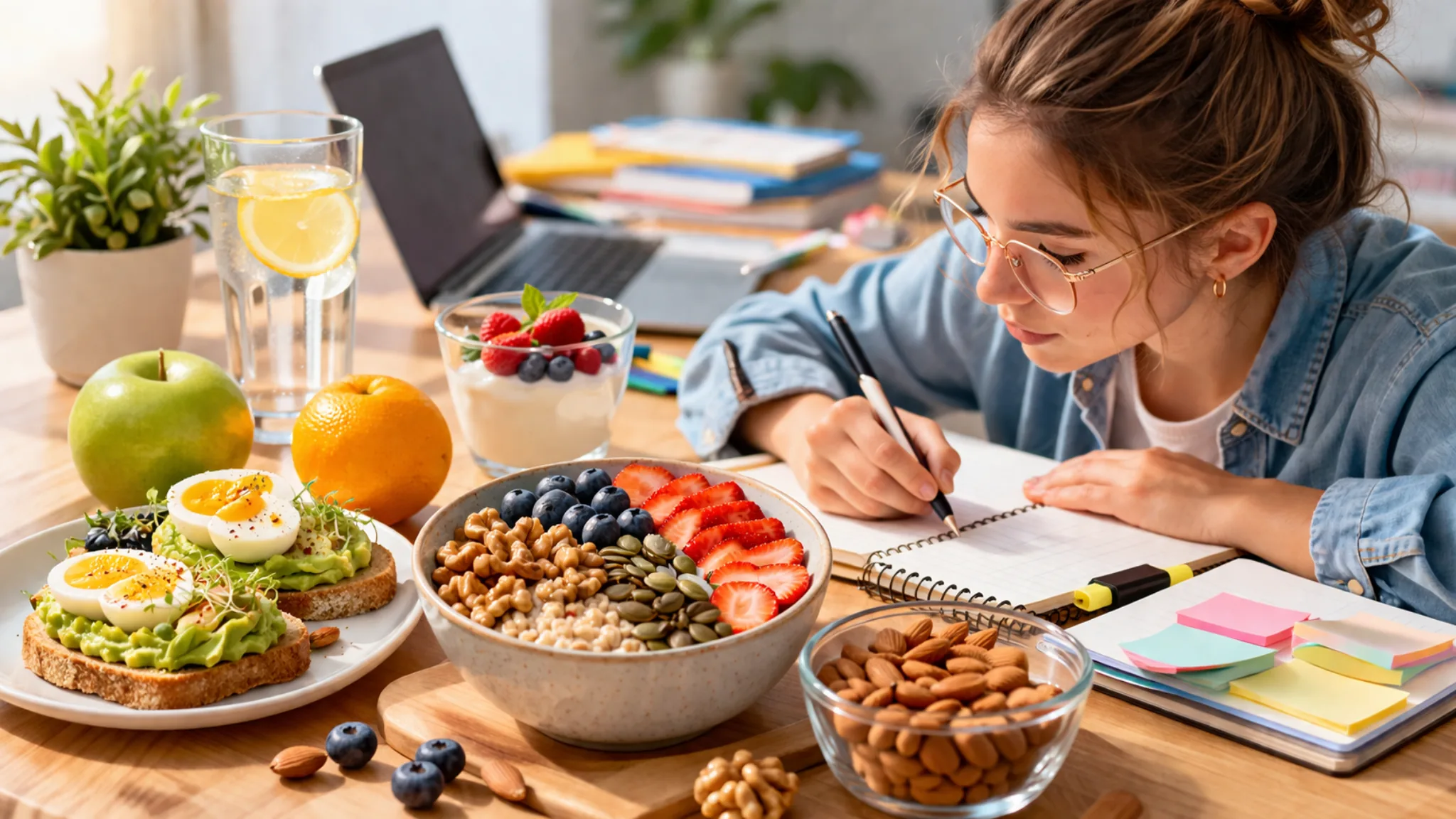 alimentos para concentración saludables junto a cuaderno y material de estudio