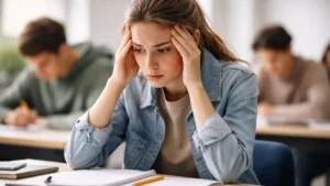 ansiedad en exámenes de estudiante bloqueada durante una prueba en el aula