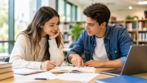 Dos estudiantes colaborando con apuntes en una biblioteca para mejorar el aprendizaje en pareja