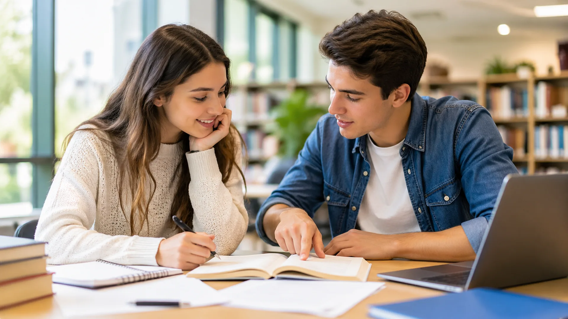 Dos estudiantes colaborando con apuntes en una biblioteca para mejorar el aprendizaje en pareja