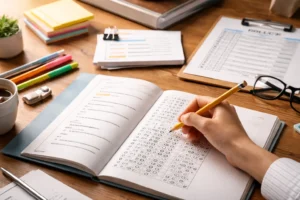 imagen de autoevaluación académica con estudiante revisando su progreso de estudio