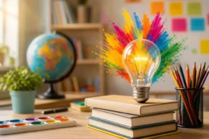 creatividad en educación con bombilla iluminada sobre libros, materiales escolares y explosión de colores en un aula creativa.