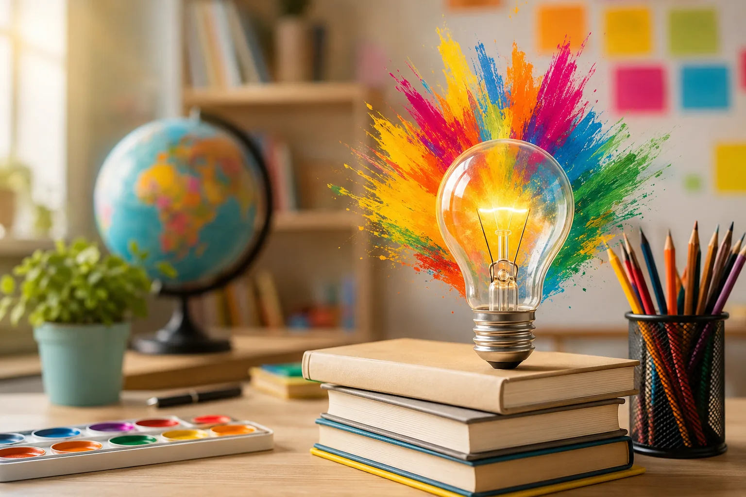 creatividad en educación con bombilla iluminada sobre libros, materiales escolares y explosión de colores en un aula creativa.