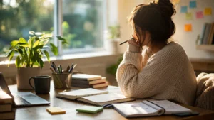 superar el bloqueo mental en un espacio de estudio con claridad y calma