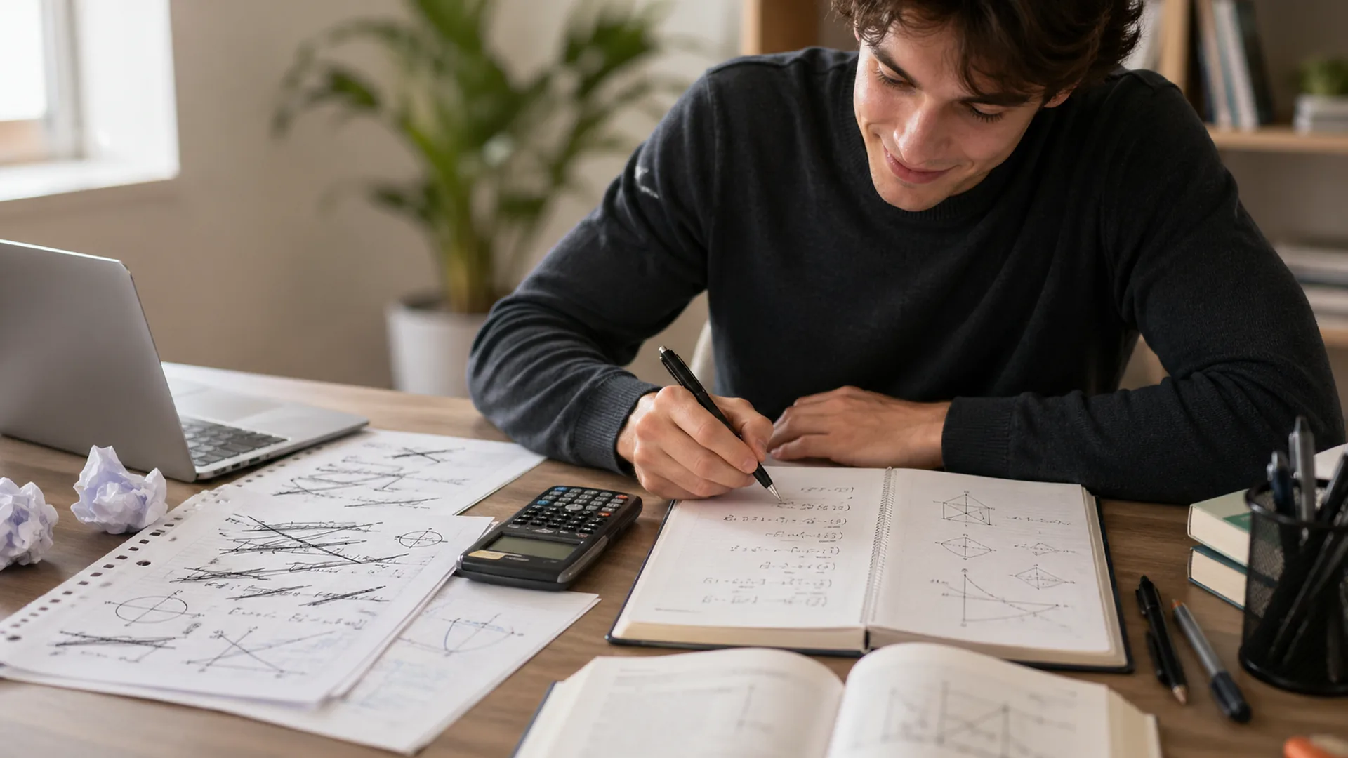 estudiante resolviendo problemas técnicos con apuntes de matemáticas para estudiar asignaturas técnicas con método y concentración
