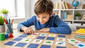 Niño concentrado jugando a un juego de memoria visual con tarjetas educativas en una mesa de estudio.