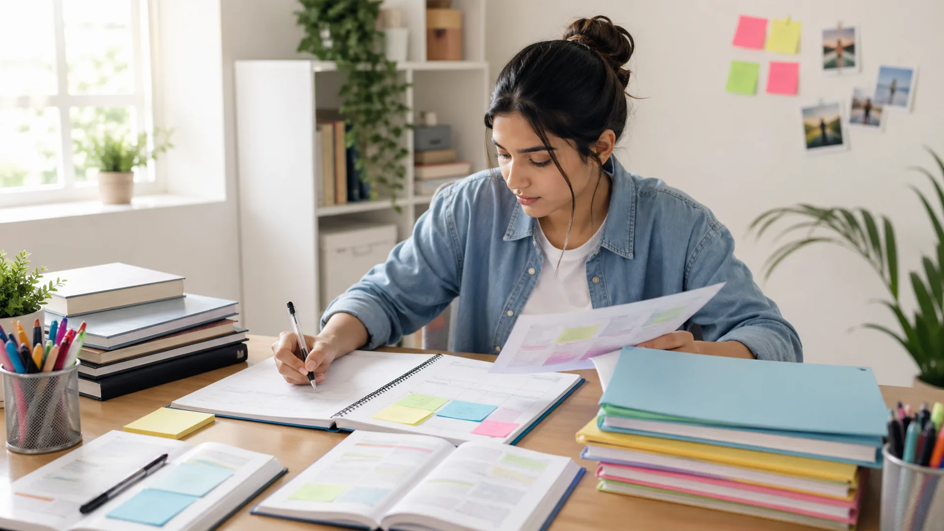 Estudiante organizando apuntes y calendario de estudio para la preparación para exámenes importantes