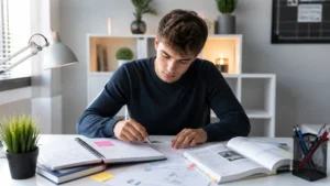 Estudiante preparando apuntes para preparar examen rápido con método de estudio organizado y materiales de repaso