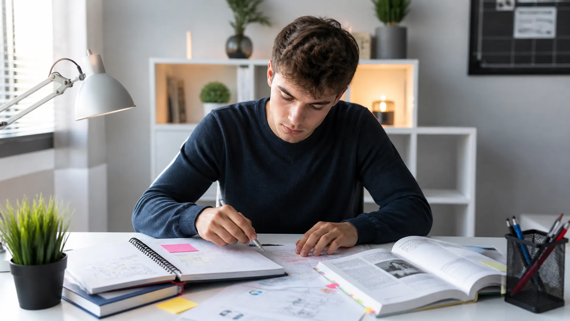 Estudiante preparando apuntes para preparar examen rápido con método de estudio organizado y materiales de repaso