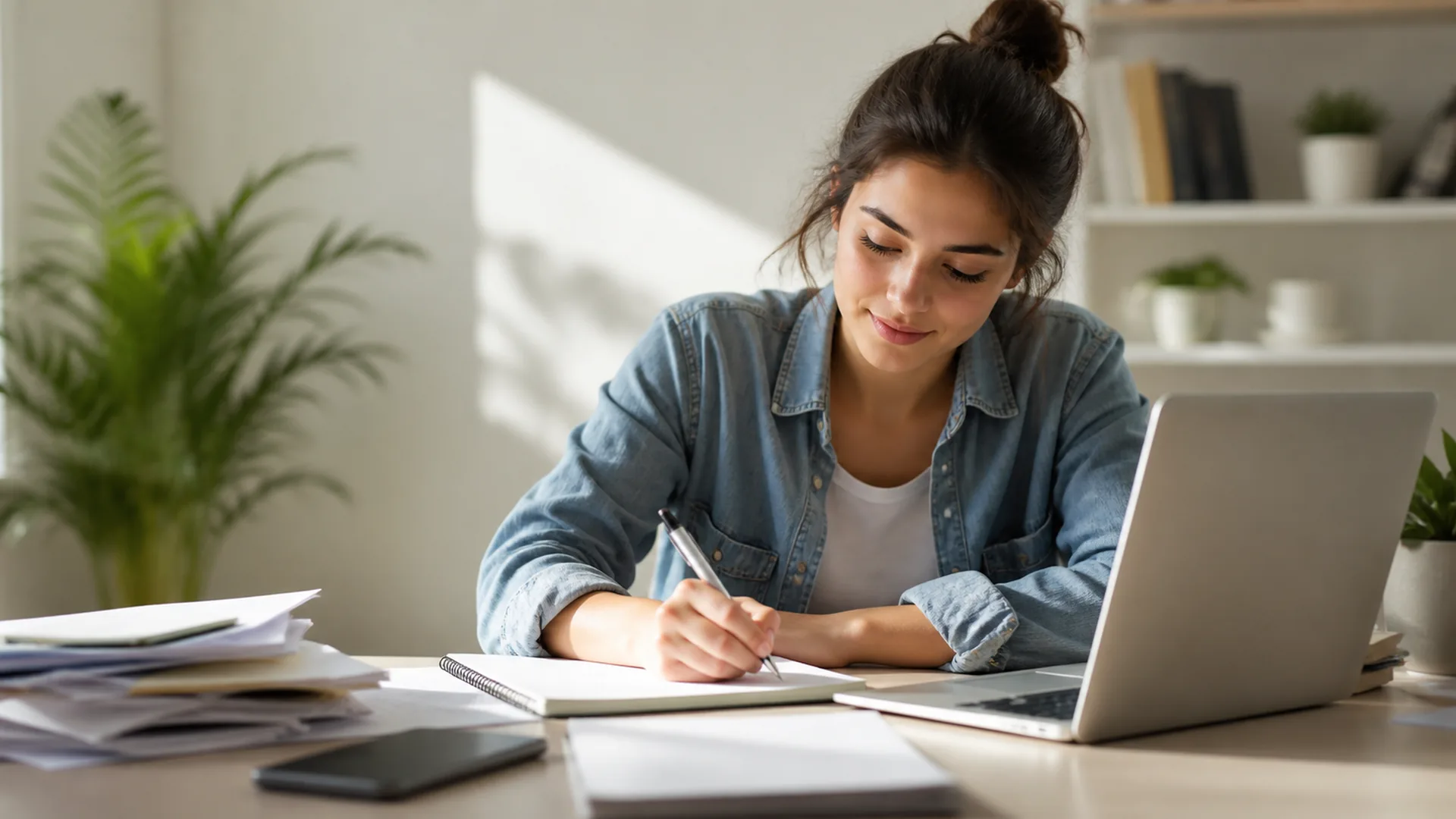 Estudiante concentrada escribiendo en su escritorio para superar la procrastinación