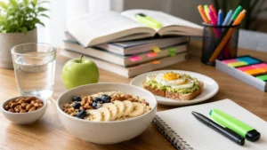 Alimentación para los exámenes con desayuno saludable y material de estudio para mejorar el rendimiento