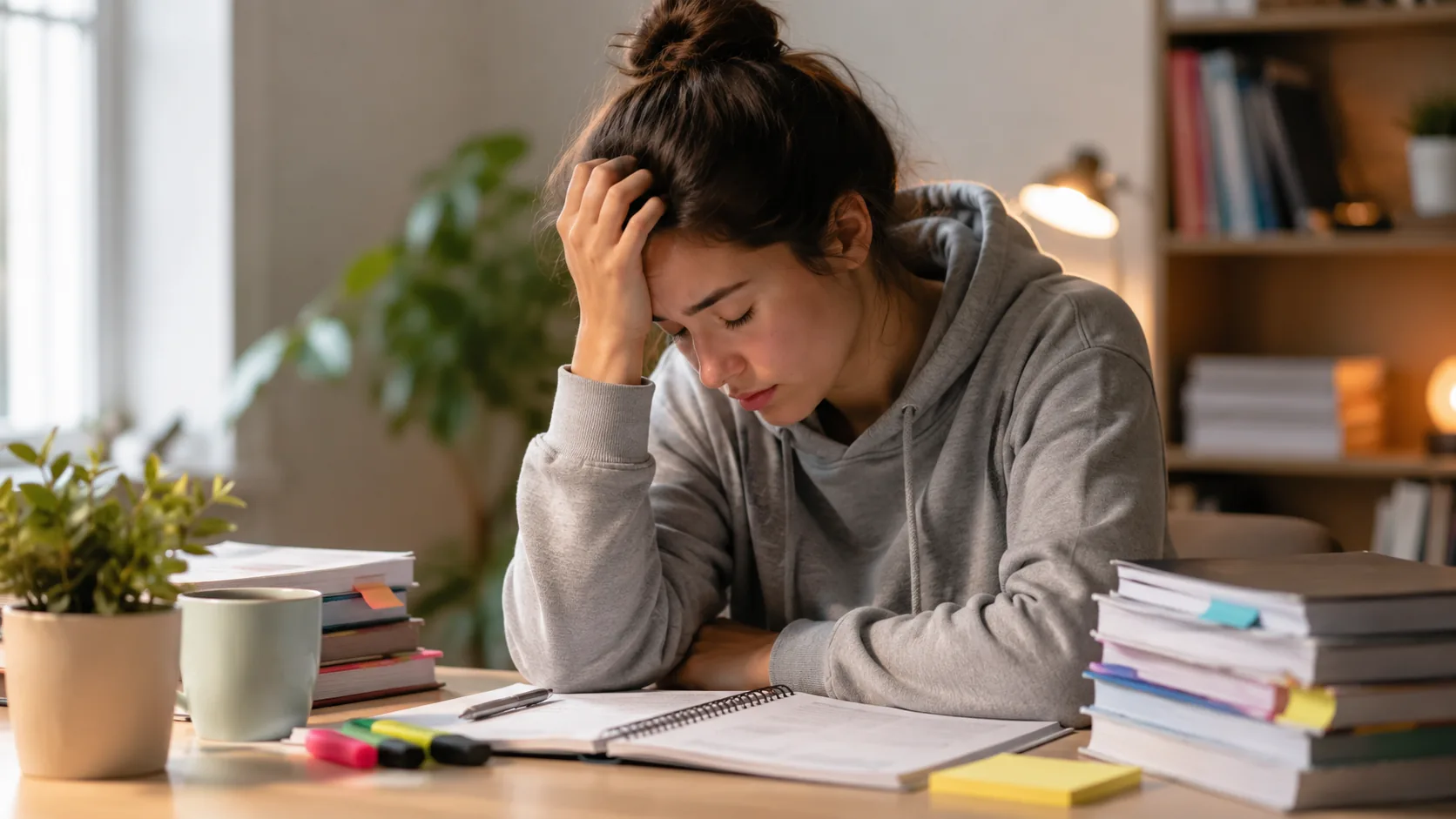 Estudiante cansada intentando superar la fatiga de estudio en una mesa con apuntes y libros