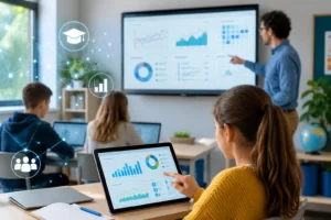 big data en la educación aplicado al análisis de datos en un aula digital con estudiantes y profesor.