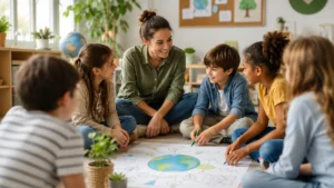 educación holística en el aula con docente y alumnos trabajando de forma colaborativa en un entorno educativo integral