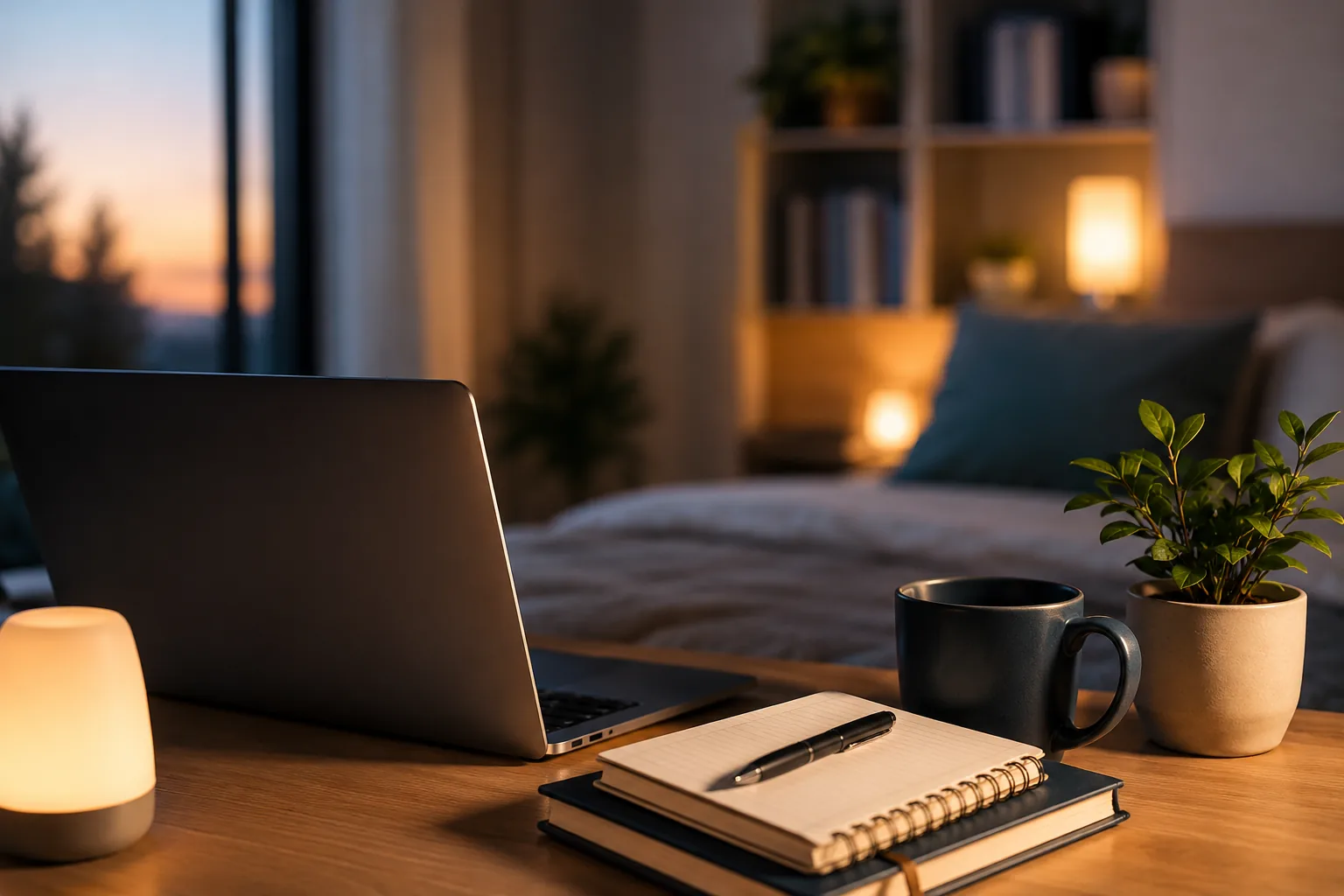 Importancia del descanso para estudiar y trabajar mejor en un entorno tranquilo con escritorio, portátil y dormitorio acogedor.