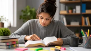 Estudiante aprende a leer y analizar textos rápido con un libro subrayado y apuntes de estudio.