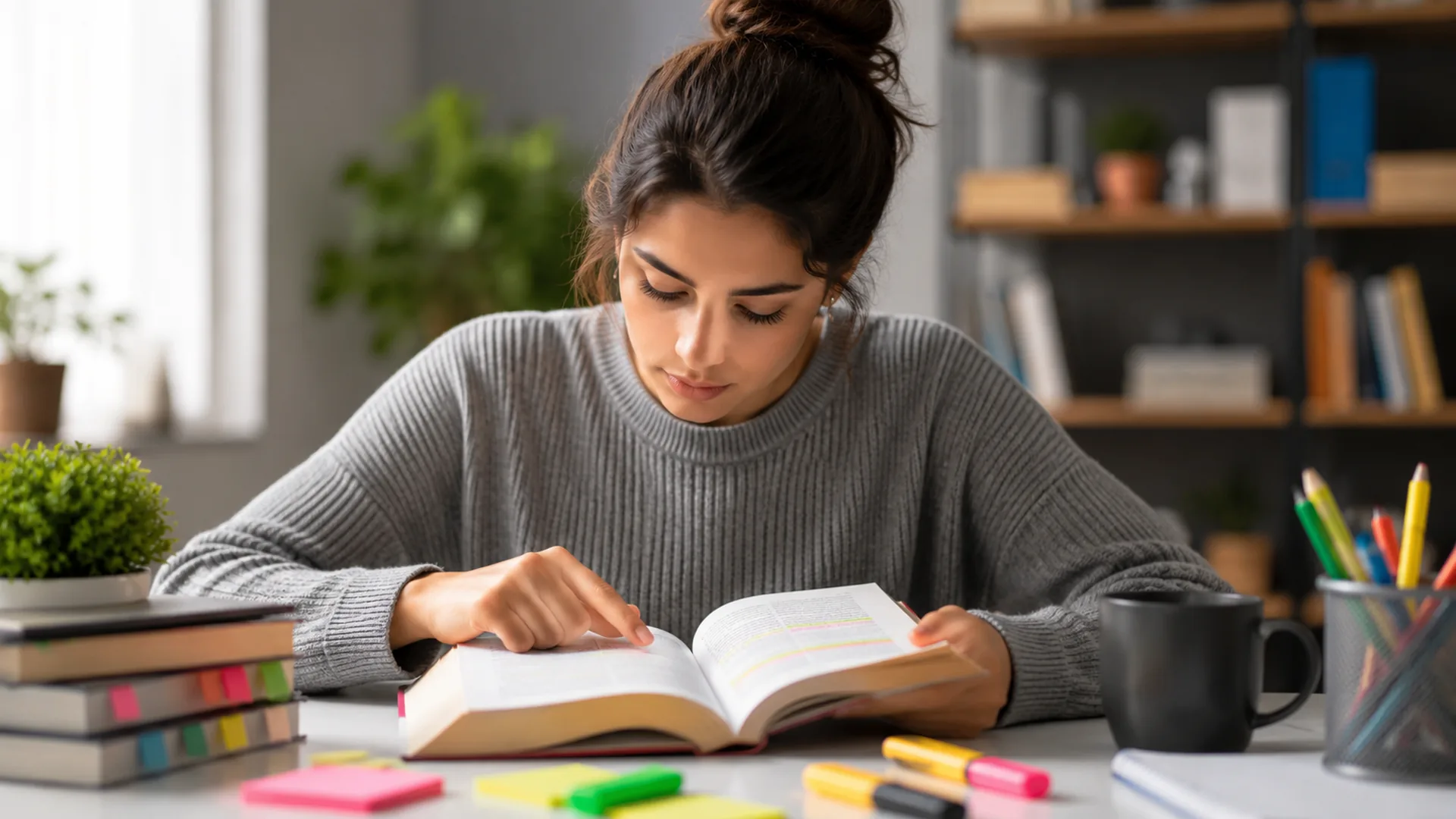 Estudiante aprende a leer y analizar textos rápido con un libro subrayado y apuntes de estudio.