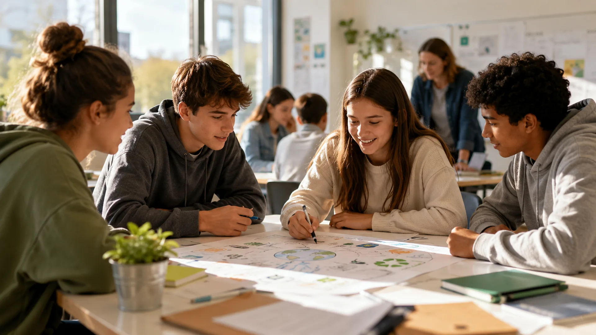 Aula colaborativa con estudiantes trabajando en equipo como ejemplo de educación para el cambio social.