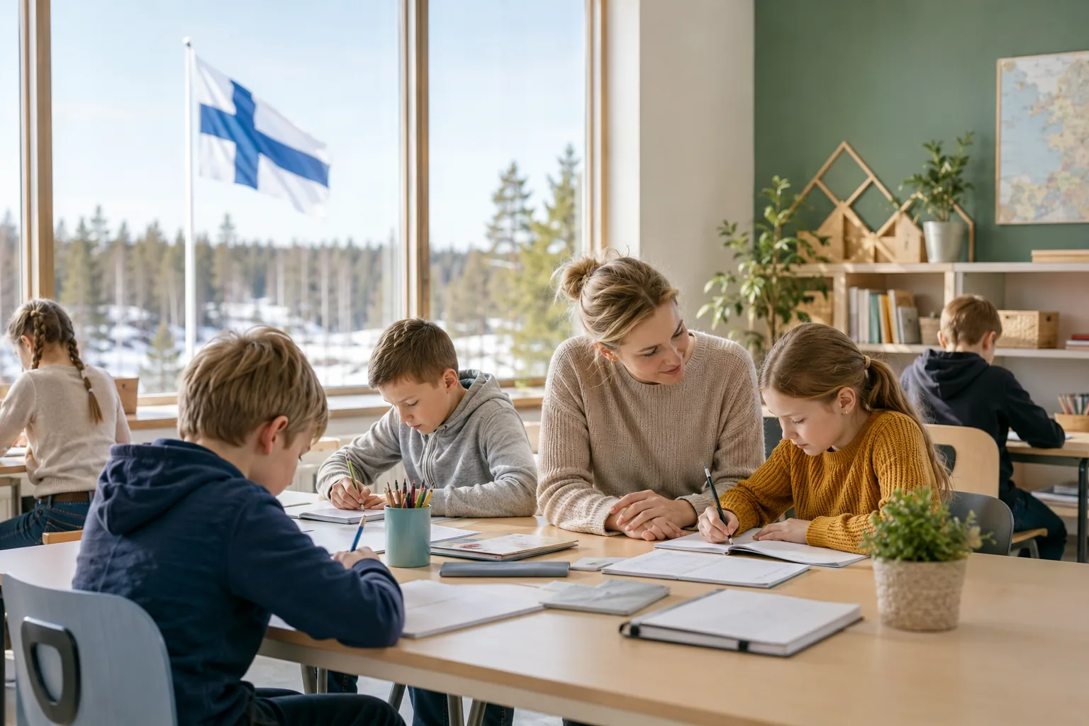 Educación en Finlandia en aula moderna con docente y estudiantes trabajando en un entorno escolar tranquilo y luminoso