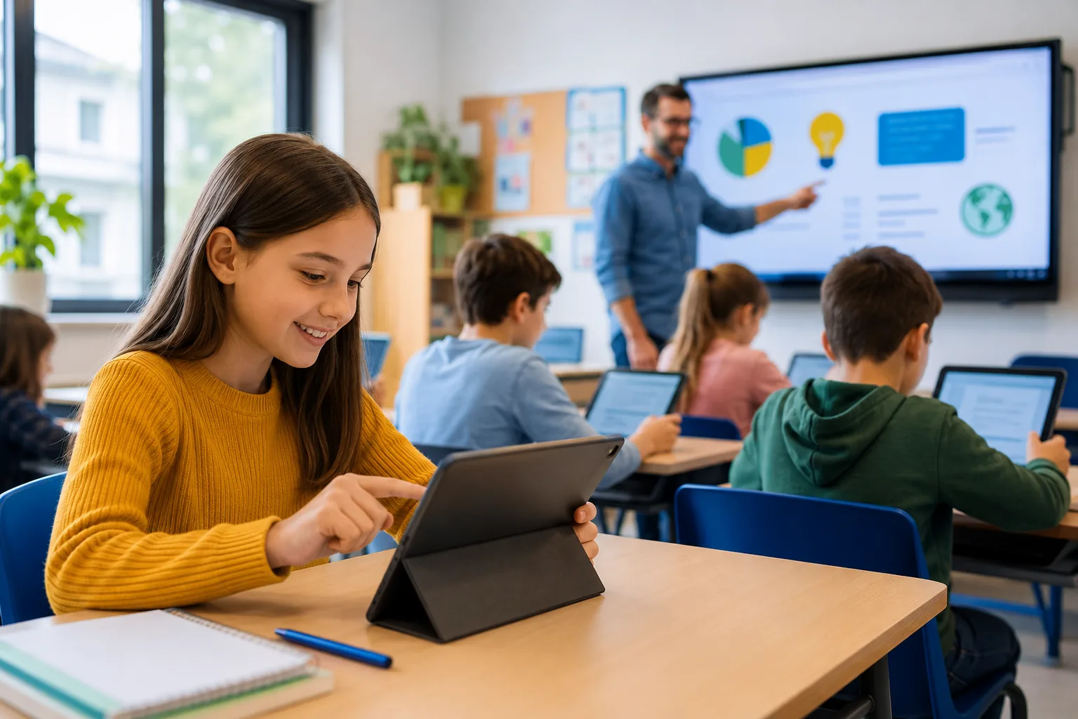Aula moderna con estudiantes usando tabletas, ejemplo de beneficios de la tecnología en la educación para mejorar el aprendizaje y la participación.