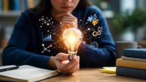 comprensión de conceptos abstractos representada con estudiante analizando ideas complejas y pensamiento visual creativo