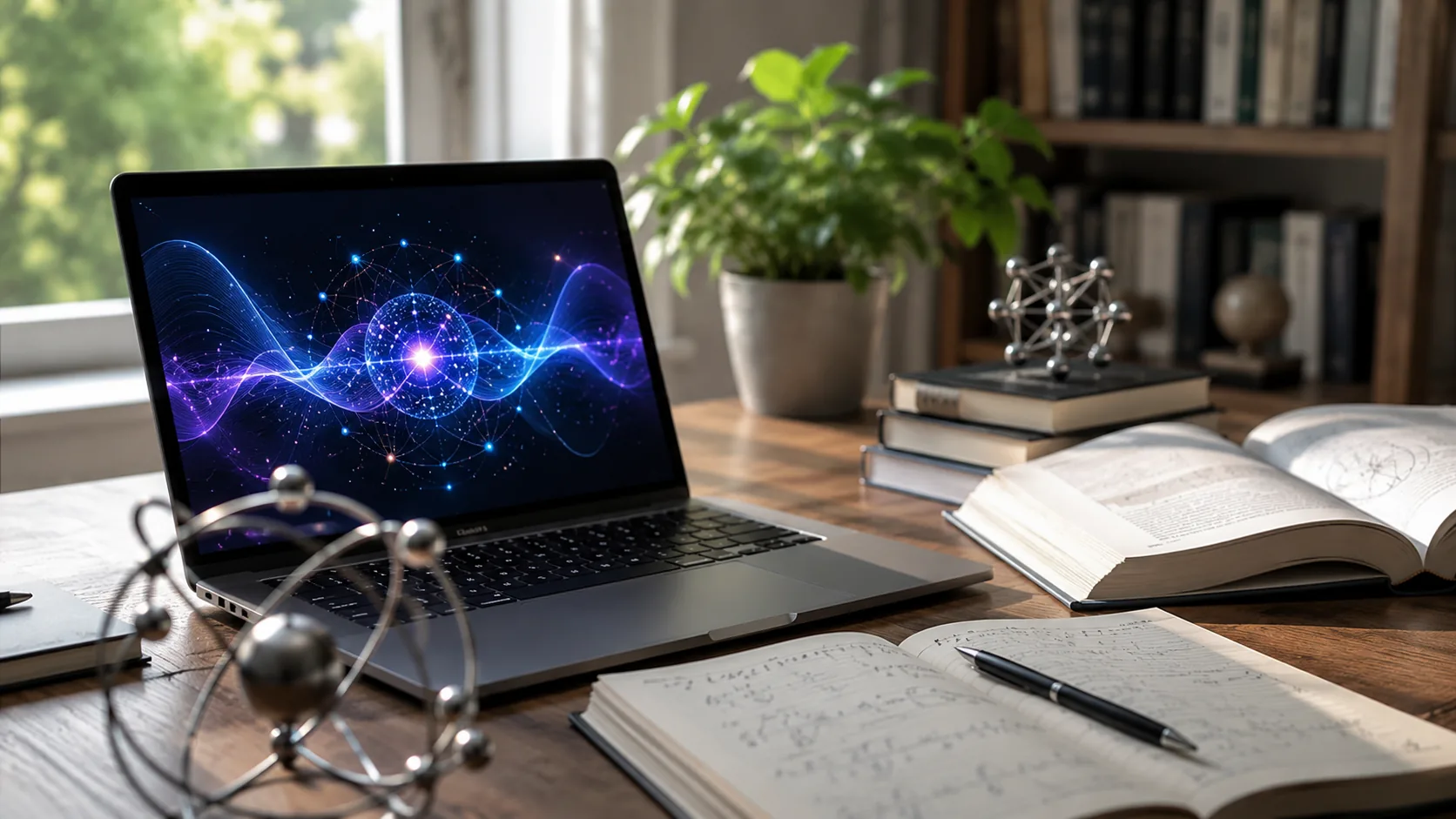 Cursos de física cuántica online con portátil, libros y apuntes de estudio sobre una mesa académica.