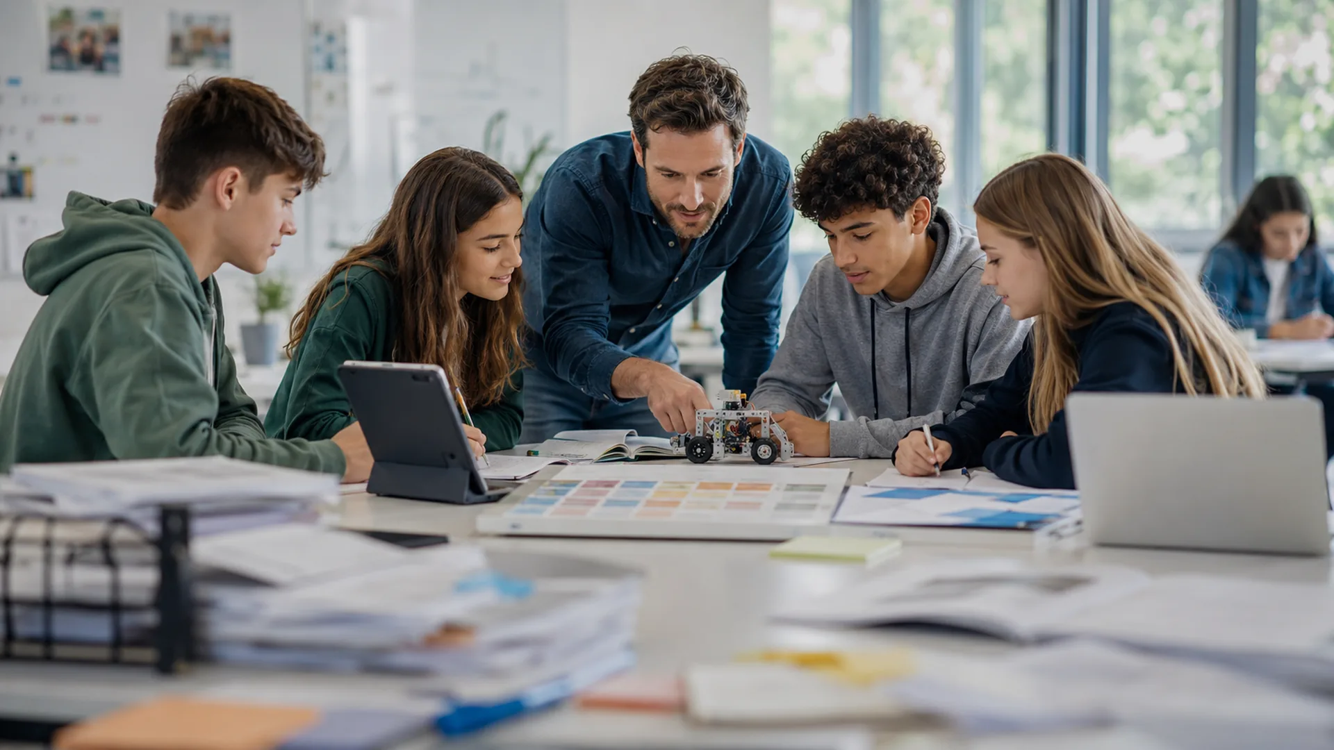educación por competencias con docente guiando a estudiantes en una actividad práctica de aprendizaje colaborativo