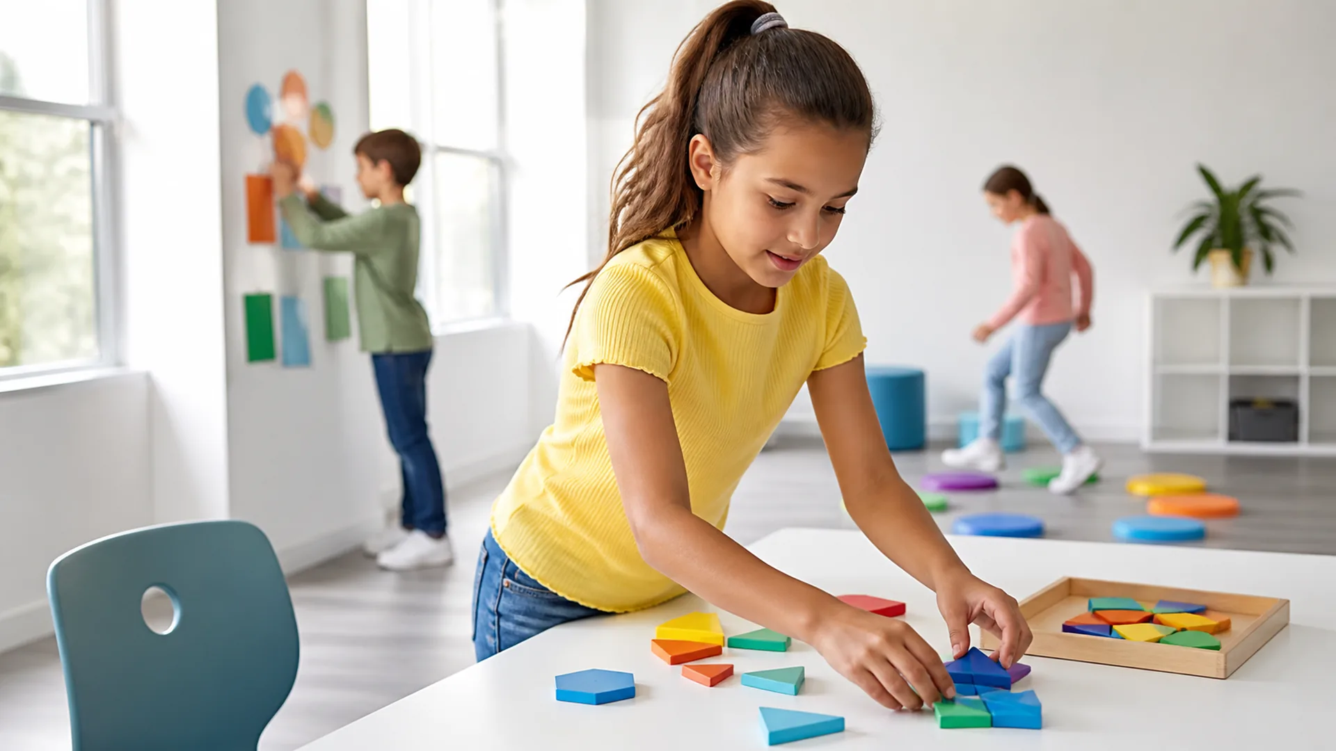 enseñanza Kinestésica con niños aprendiendo mediante movimiento y materiales manipulativos en el aula