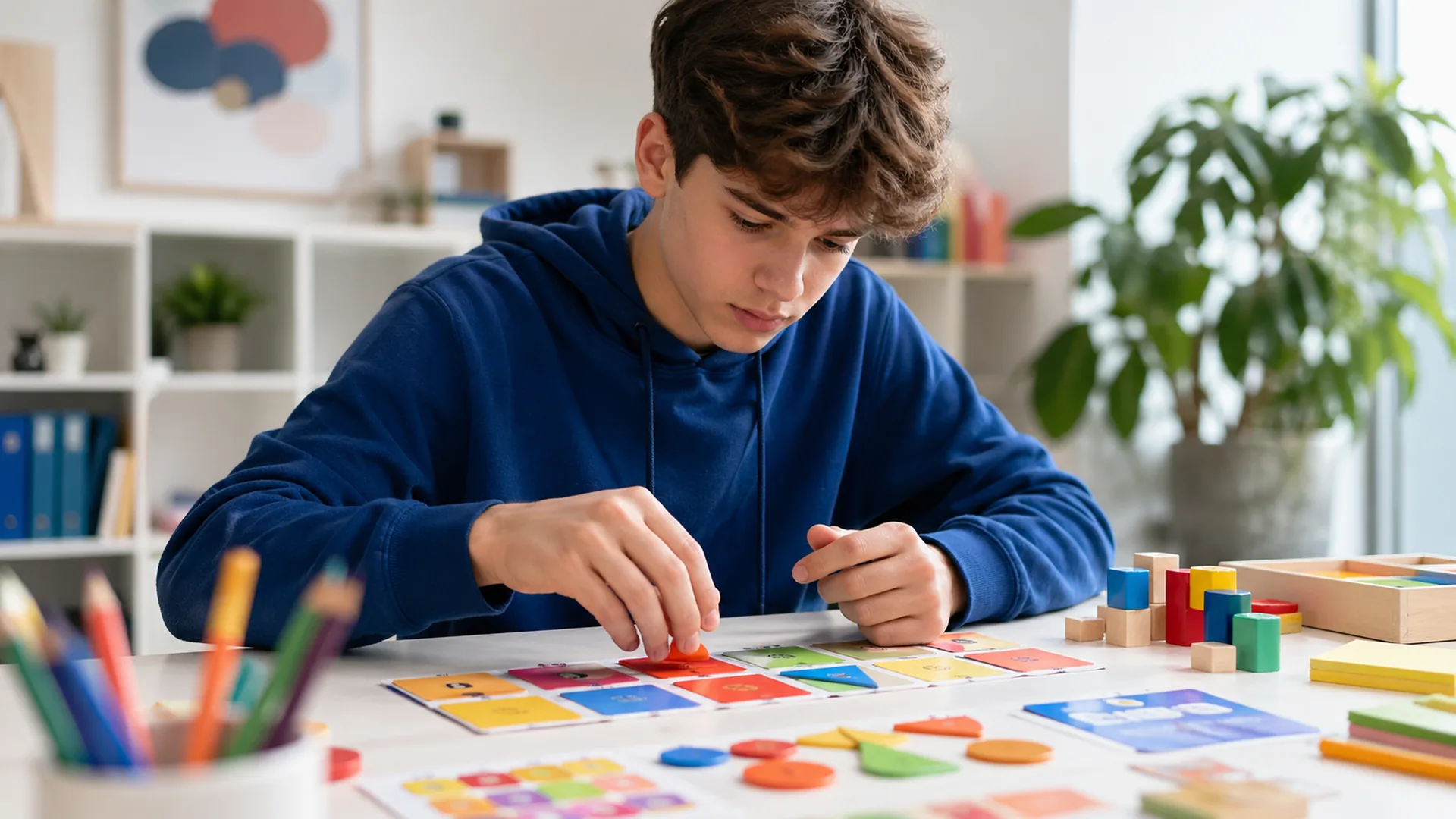 Estudiante usando recursos educativos para kinestésicos con tarjetas y materiales manipulativos para mejorar la atención.