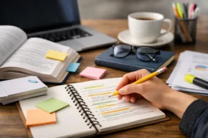 Técnicas para hacer resúmenes en apuntes de estudio con cuaderno, libro y material escolar organizado