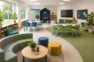 diseño de aulas innovadoras con espacios flexibles, mobiliario modular y zonas de aprendizaje modernas en un aula luminosa