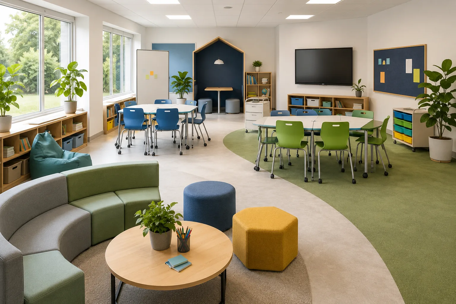 diseño de aulas innovadoras con espacios flexibles, mobiliario modular y zonas de aprendizaje modernas en un aula luminosa