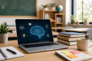 Recursos Educativos con IA en aula moderna con portátil, libros y herramientas docentes para preparar clases más claras y personalizadas