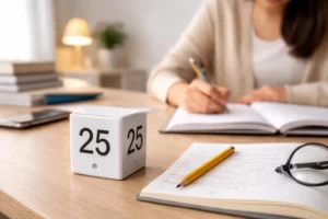 método pomodoro: estudiante concentrada con temporizador pomodoro de 25 minutos sobre escritorio de estudio