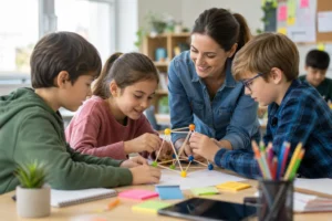 Constructivista en la Educación con docente y estudiantes construyendo conocimiento mediante actividad colaborativa en el aula.