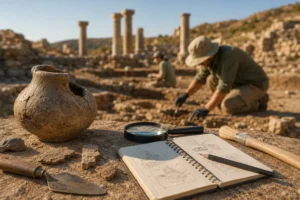 Cursos de arqueología con herramientas de excavación, cuaderno de campo y restos antiguos en un yacimiento arqueológico.