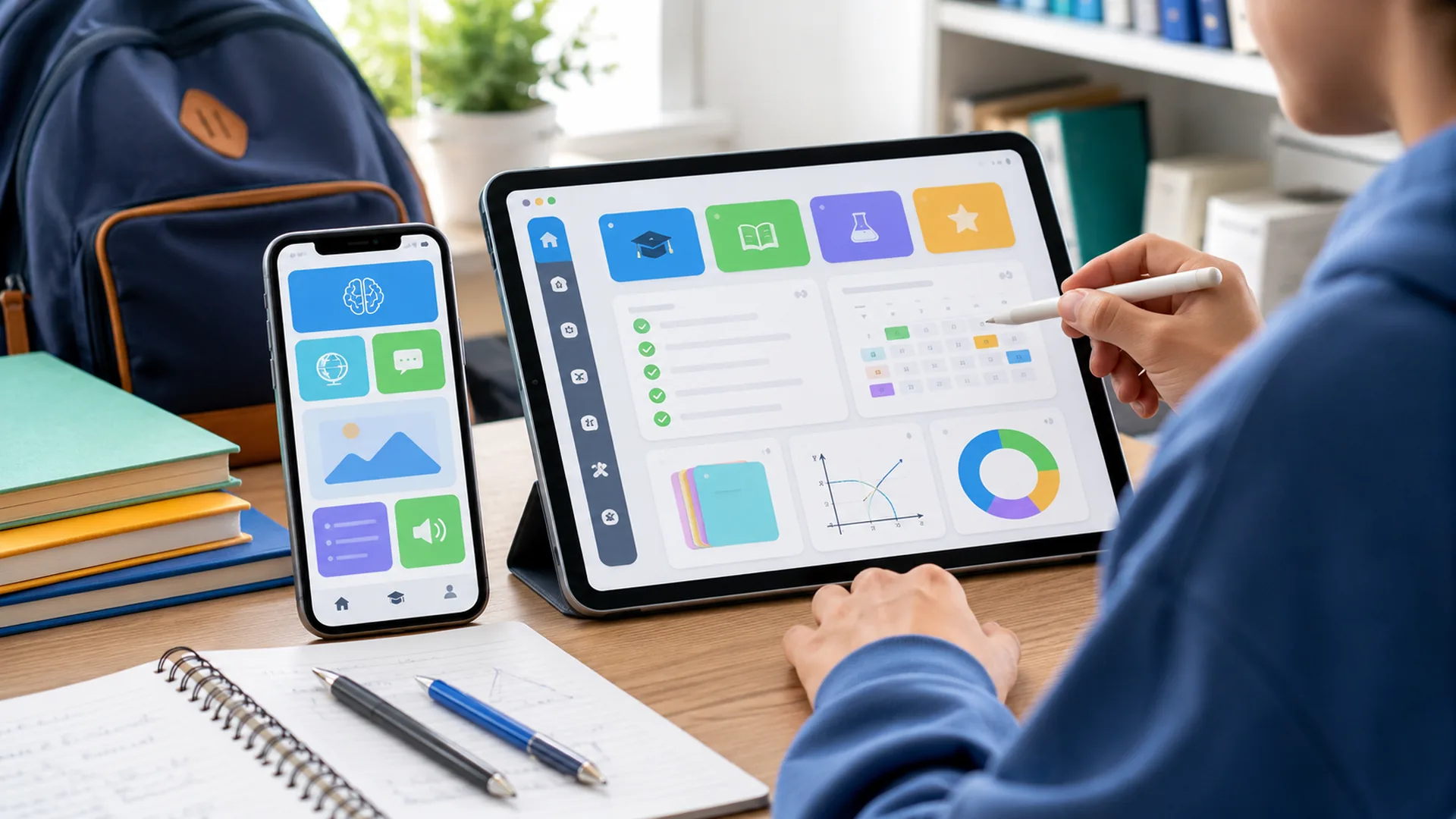 Estudiante usando apps para secundaria en tablet y móvil para organizar tareas, apuntes y estudio escolar
