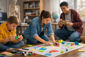 estudiantes kinestésicos aprendiendo con materiales manipulativos y actividades prácticas en el aula