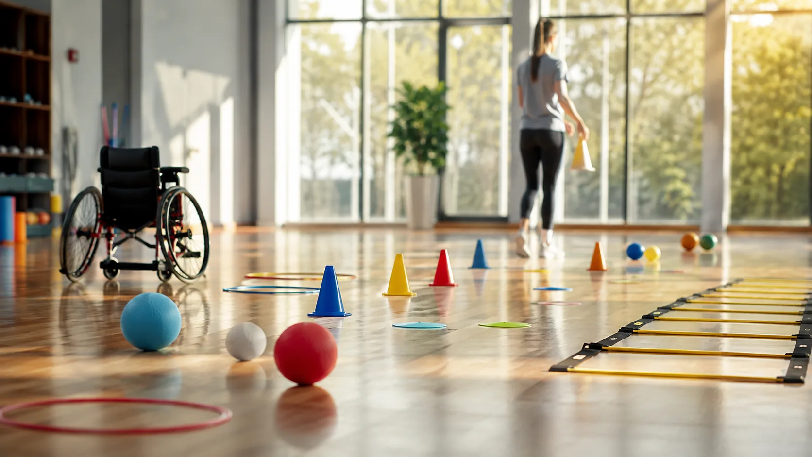 educación física inclusiva con material adaptado en gimnasio escolar sin barreras