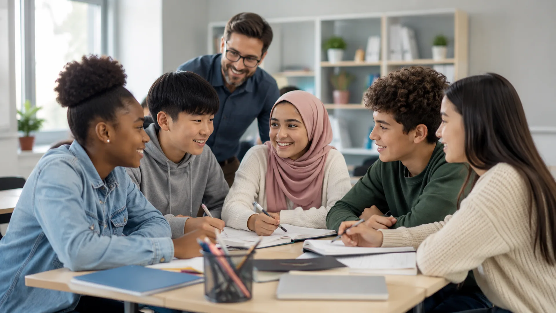 Educación multicultural en el aula con estudiantes diversos colaborando y aprendiendo juntos