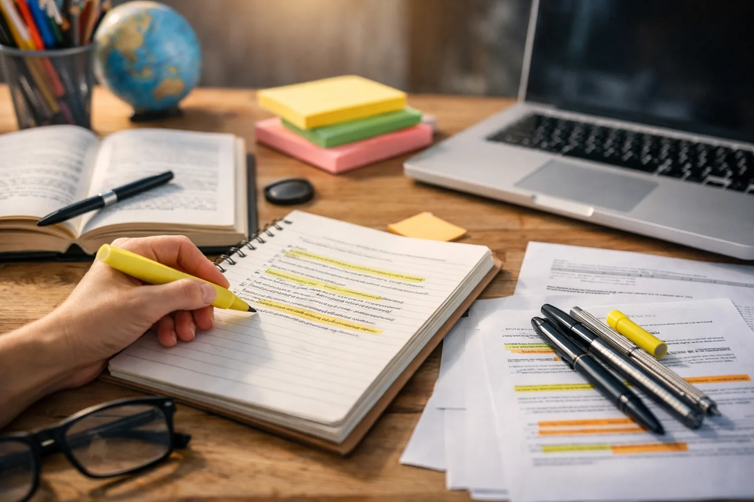 síntesis de texto con apuntes subrayados y cuaderno de estudio en escritorio ordenado