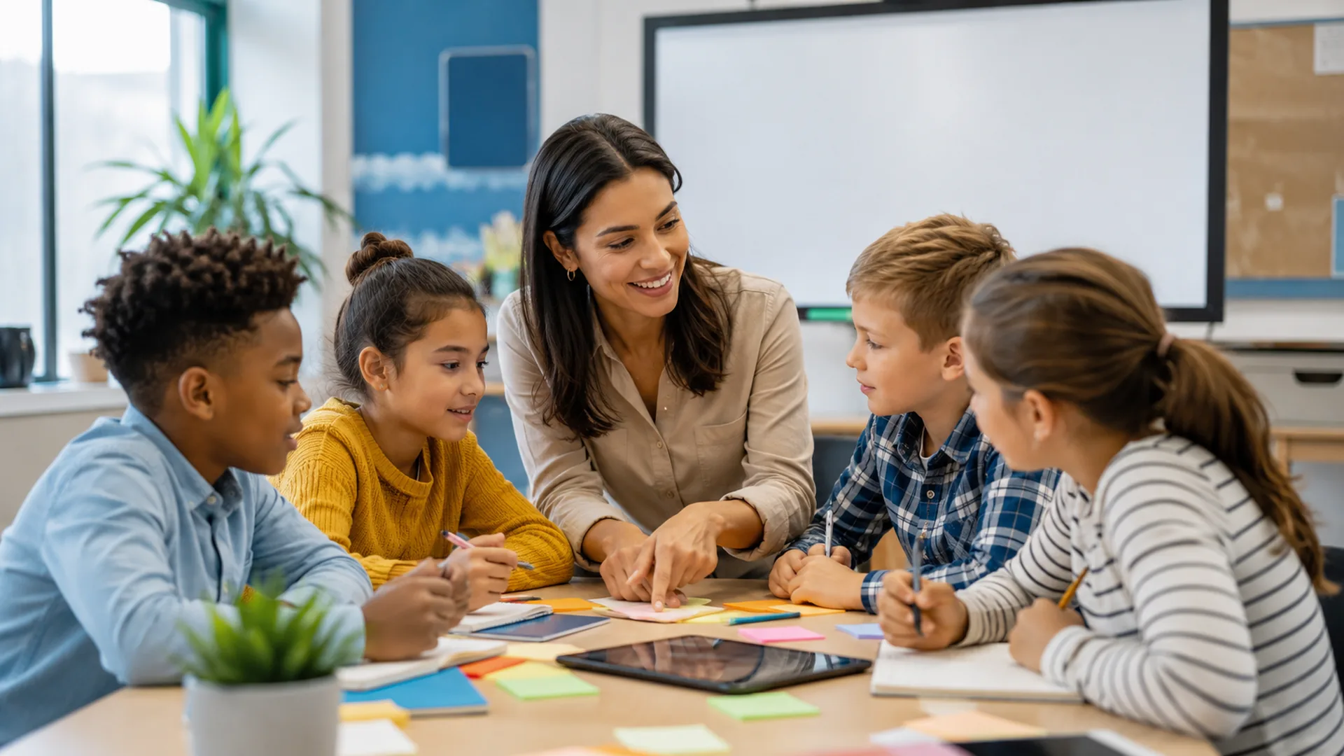 Técnicas de enseñanza innovadoras con docente guiando una actividad colaborativa en el aula.