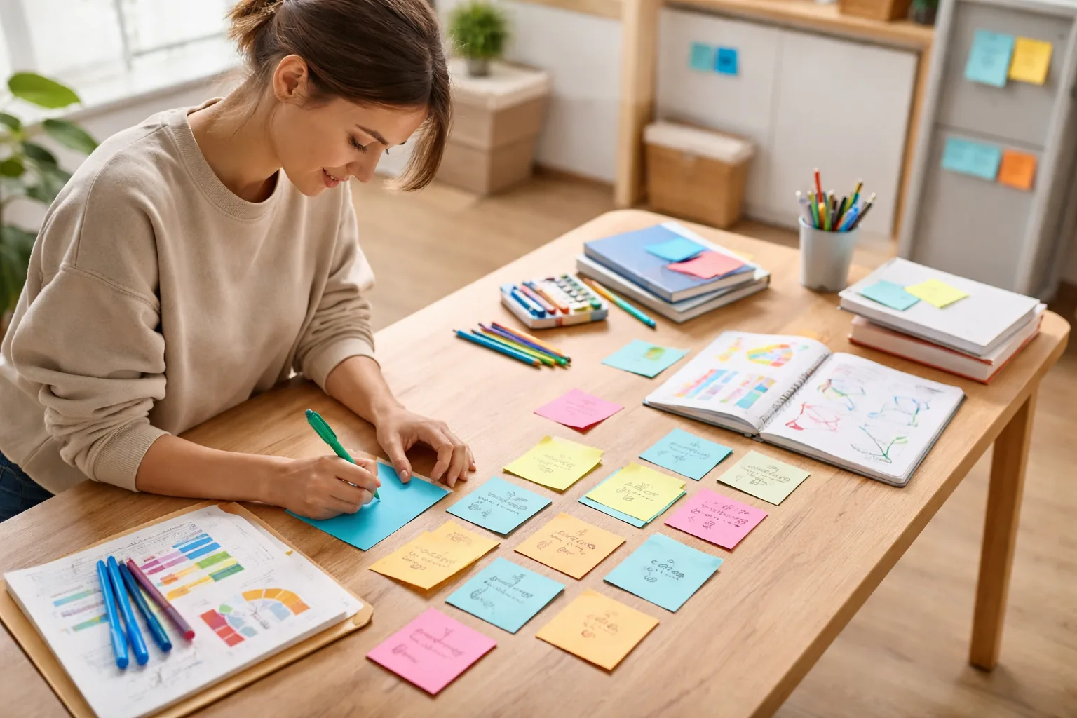 técnicas de estudio para kinestésicos con estudiante usando tarjetas y aprendizaje activo