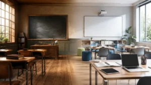 Imagen sobre teorías de la educación con aula clásica y aprendizaje actual en un entorno educativo moderno.