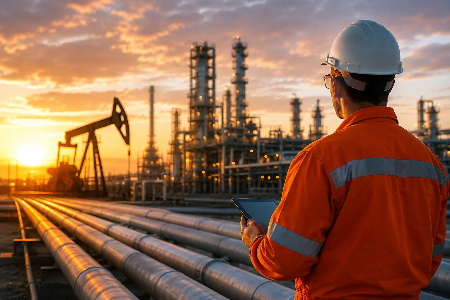 Trabajos en la industria del petróleo con técnico especializado supervisando una refinería y oleoductos al atardecer.
