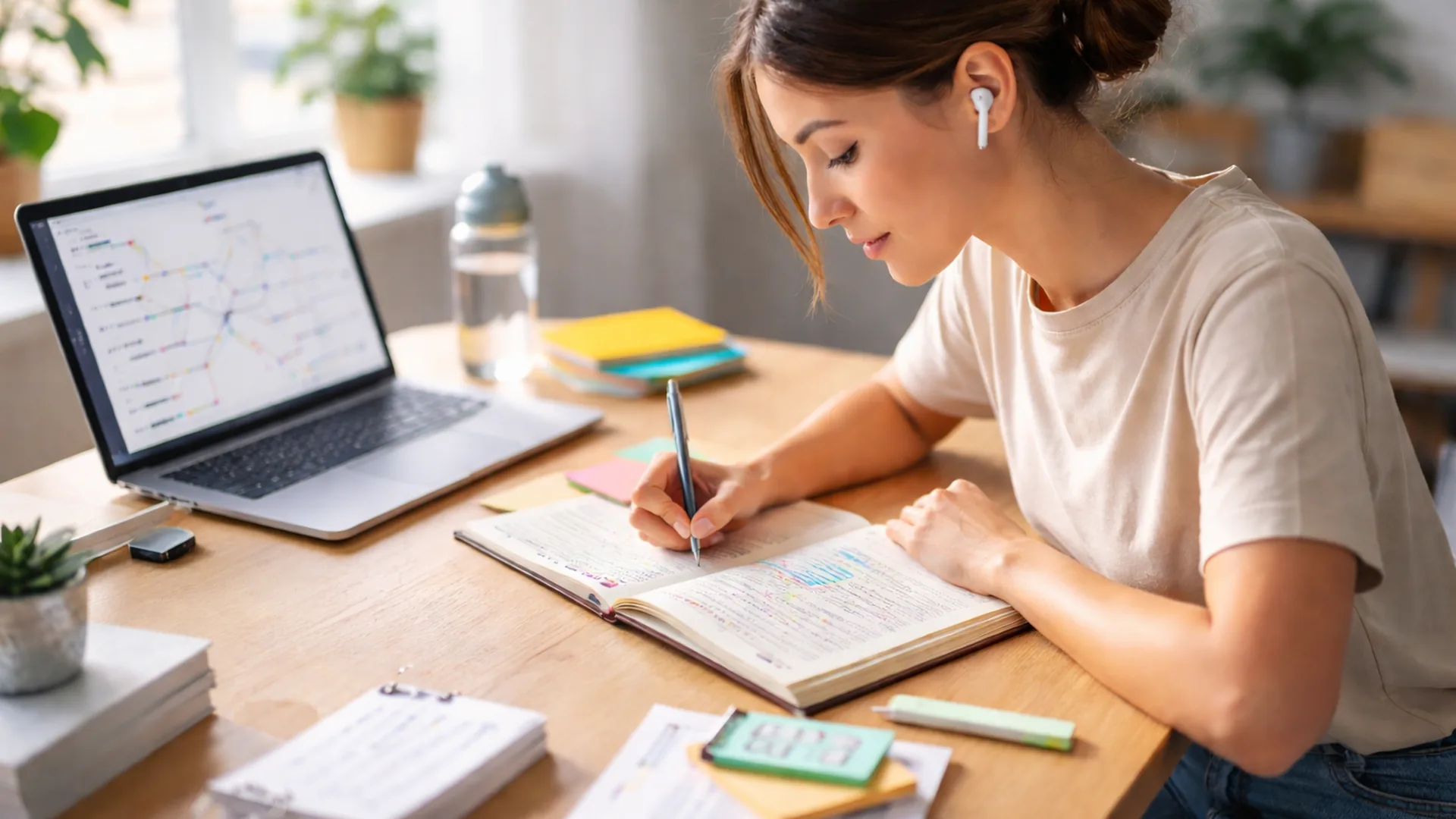 aprendizaje acelerado: estudiante concentrada tomando apuntes y organizando su estudio