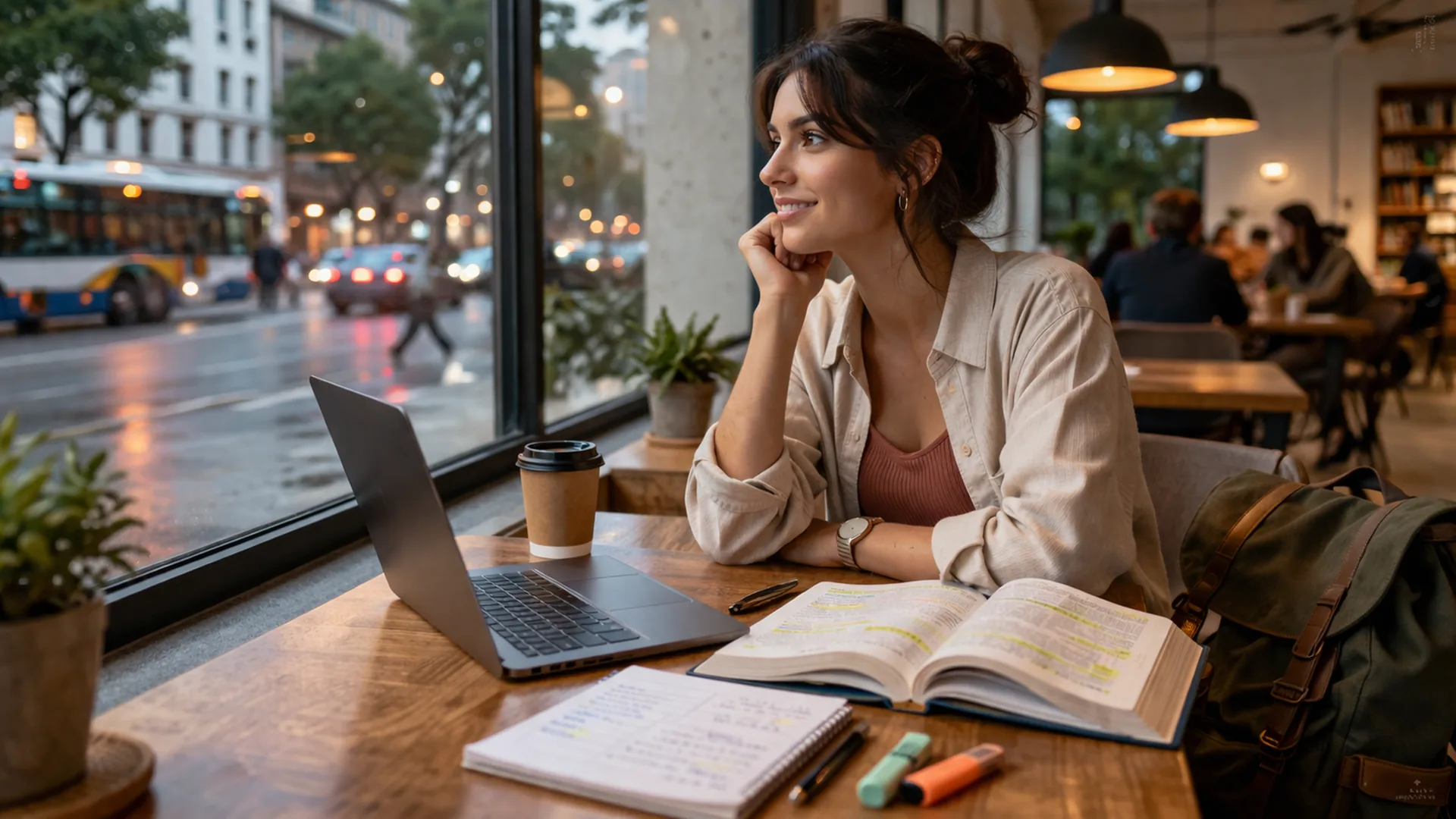 compaginar estudios y trabajo con portátil y apuntes en una cafetería moderna